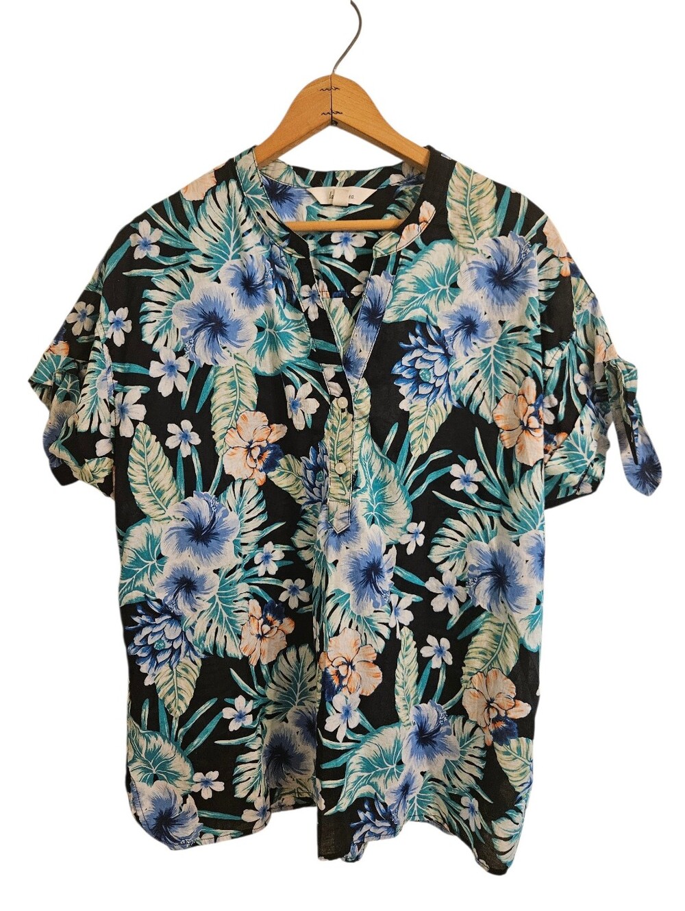 Land 'n Sea Tropical Print Tie Sleeve 100% Cotton Button Down Top Sz XL